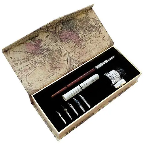 GC Antique Wooden Stem Pen Handcrafted Calligraphy Pen Set Dip Nib Pens-Writing Case With Black Ink Pen Holder Cartridges LL-18