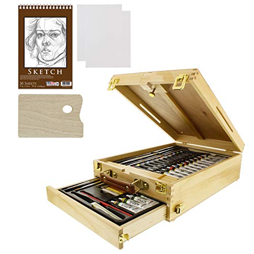 US Art Supply 62-Piece Wood Box Easel Painting Set- Box Easel, Acrylic & Oil Paint Colors, Artist Pastels, Painting Brushes, Wood Palette, Palette Knife, Pencil, Oil Pastels, Canvas Panels, Sketch Pad