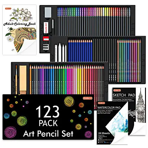 Shuttle Art 123 Pack Art Pencil Set, 36 Watercolor Pencils,36 Oil Based Pencils,12 Sketch Pencils,12 Metallic Color Pencils,12 Charcoal Pencils,15 Pieces Drawing Kit, Great Gift for Kids Adults