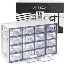 Load image into Gallery viewer, Arteza 16 Drawer Storage Cabinet, White Multi Compartment Organizer for Makeup and Art Supplies, Plastic Drawers with Stoppers [17.7 x 8.2 x 10.9 inches]
