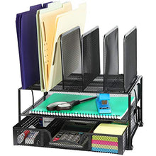 Load image into Gallery viewer, SimpleHouseware Mesh Desk Organizer with Sliding Drawer, Double Tray and 5 Upright Sections, Black
