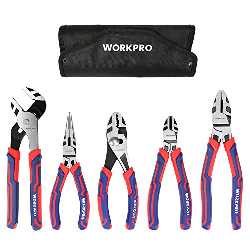 WORKPRO 5-piece Pliers Set with Storage Pouch, 7-Inch Long Nose, 6-Inch Diagonal, 8-Inch Groove Joint, 6-Inch Slip Joint, 8-Inch Linesman, Portable Home Hand Tools