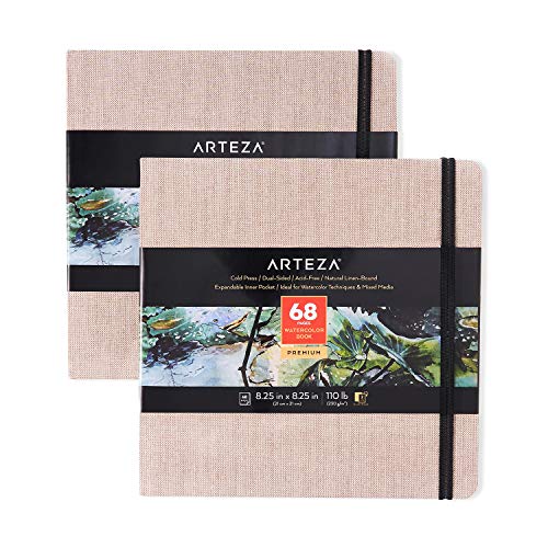Arteza Watercolor Sketchbooks, 8.25x8.25-inch, 2-Pack, 68 Sheets, Beige Art Journal, Hardcover 110lb Paper Book, Watercolor Sketchbook for Use as Travel Journal and Mixed Media Pad