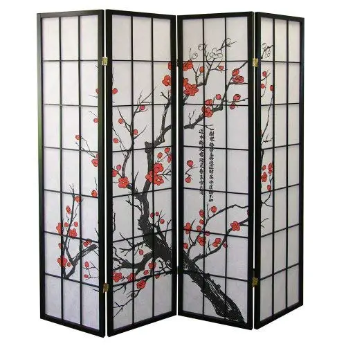 Roundhill Furniture Black Japanese 4-Panel Screen Room Divider, Plum Blossom