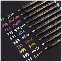 Load image into Gallery viewer, Dyvicl Metallic Brush Marker Pens - Metallic Pens Art Markers for Calligraphy, Brush Lettering, Black Paper, Rock Painting, Card Making, Scrapbooking, Fabric, Metal, Ceramics, Wine Glass, Set of 10
