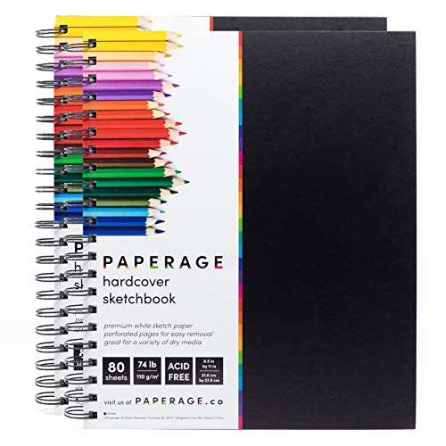 Sketchbook 2 Pack, Hardcover Spiral Bound Sketch Pad, 80 Sheets, 74 lb White Acid Free Drawing Paper with Perforated 8.5 in by 11 in Pages, for Professional Artists and Students, Black Cover