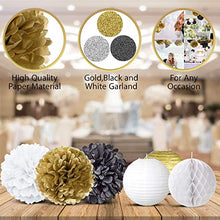 Load image into Gallery viewer, EpiqueOne 22-Piece Party Decoration Kit – Hanging Paper Lanterns, Honeycomb Balls and Tissue Paper Pom Poms for Special Occasions – Easy to Assemble – Colors: Black, Gold and White
