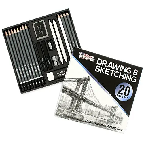 U.S. Art Supply 20 Piece Professional Hi-Quality Artist Sketch Set in Hard Storage Case - Sketch & Charcoal Pencils, Pastel, Stumps, Eraser, Sharpeners