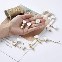 Load image into Gallery viewer, Pandahall 100pcs White Heart Clothespins Wooden Photo Paper Peg Pin Graft Clips with 10.9 Yards Natural Jute Twine for Paper Photo Display Hanging Home Party Decoration

