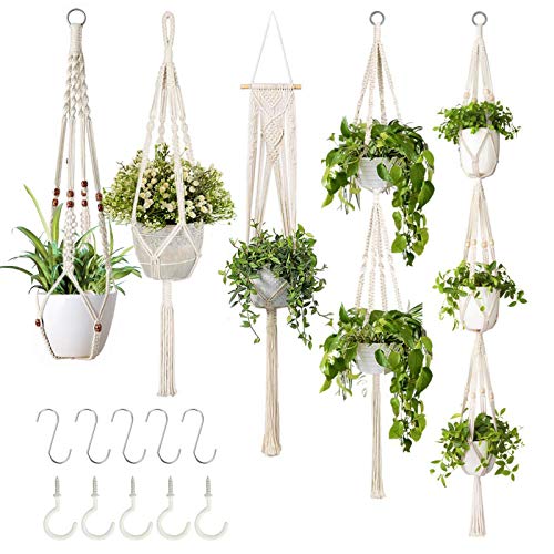 GROWNEER 5 Packs Macrame Plant Hangers with 5 Hooks, Different Tiers, Handmade Cotton Rope Hanging Planters Set Flower Pots Holder Stand, for Indoor Outdoor Boho Home Decor