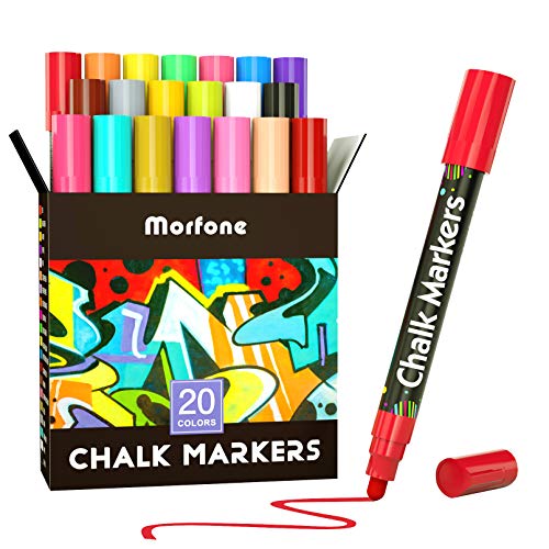 Liquid Chalk Markers, Morfone 20 Virbrant Colors Chalk Pens Erasable Art Marker for Chalkboards, Blackboard, Signs, Windows, Labels, Car, Mirror, Bistro ( 6mm Reversible Bullet Chisel Tip )