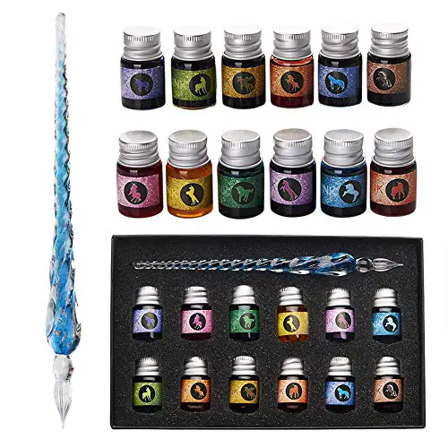 Mancola Glass Dipped Pen Ink Set-Handmade Crystal Writing Pen with 12 Colorful Inks for Art, Signatures, Calligraphy, Drawing，Decoration, Gift For Beginners and Artist Ma-13