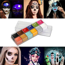 Load image into Gallery viewer, Wismee Pro Stage Special Effects Makeup Kit Halloween Face Body Paint Kit 12Colors Oil Based Sfx Makeup Palette (5.64Oz) + Wound Scar Wax (1.16Oz) Fake Scab Blood+1 Spatula+10 Brushes+1 Stipple Sponge
