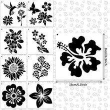 Load image into Gallery viewer, 16 Pieces Flower Stencil Rose Sunflower Stencil Spring Summer Stencil Template Bird Leaf Drawing Template Reusable Painting Stencil and Metal Open Ring for Painting on Wood Wall Decor (6.3 x 6.3 Inch)
