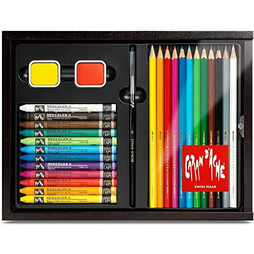 Caran D'Ache 27pc Watercolor Pencil and Water-soluble Wax Oil Pastel Crayon Discovery Wood Box with Accessories- Box Set