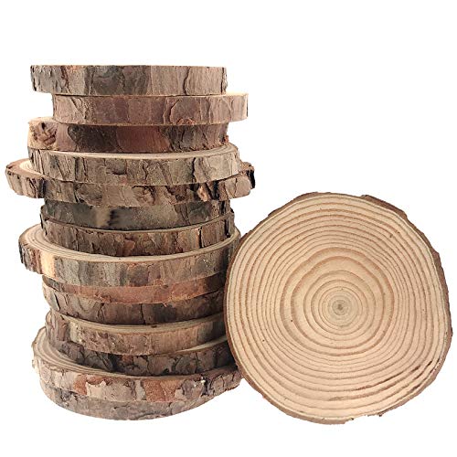 Akusety 15Pcs 3.5-4-Inch Unfinished Natural Thick Wood Slices Circles with Tree Bark Log Discs for DIY Craft Christmas Rustic Wedding Ornaments