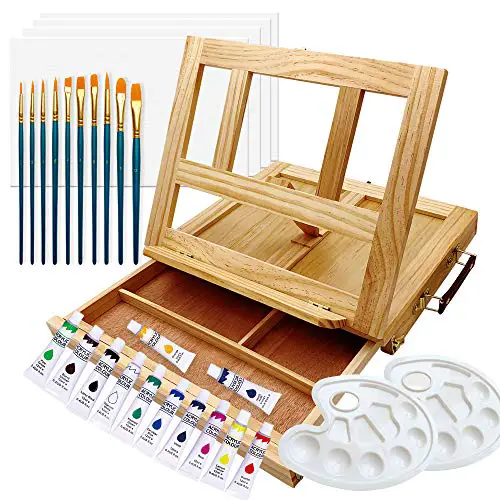 ART QIDOO Art Table Easel for Painting and Drawing, Adjustable Wood Easel Stand with Canvas, Acrylic Paint, Brushes and Palettes, Portable Painting Easel for Kids, Adults & Artists