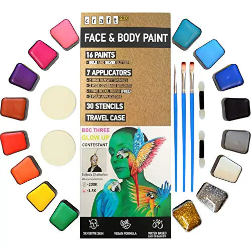 Craft Pro Face Paint - Vegan + Cruelty Free. Sensitive Skin Approved. Includes Guidebook, Applicators, Stencils. Easy ON Easy Off (Water Activated Body Paint)