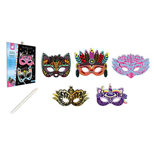 Janod Crafts – No Glue No Mess Scratch Art Party Masks – Creative, Imaginative, Inventive, and Developmental Play -- STEAM Approach to Learning – Ages 5-8+