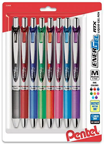 Pentel EnerGel RTX Retractable Liquid Gel Pen, Medium Line, Metal Tip, Assorted Ink, 8-Pack (BL77BP8M)