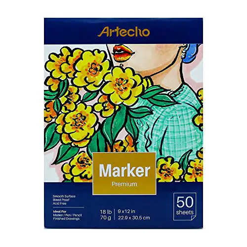 Artecho Marker Pad, Artist Paper Pad, Semi-Translucent for Pen, Pencil and Marker, Fold Over, 18 Pound, 9 x 12 Inch, White, 50 Sheets
