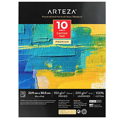 Arteza 9x12” Canvas Pad, 10 Sheets, 100% Cotton, Primed with Acid-Free Gesso, Glue-Bound Pad of Canvas Paper for Acrylic Painting or Oil Paint, Ideal for Painting and Mixed Media