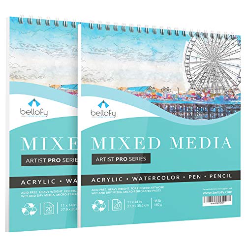 Bellofy 2 x Large Mixed Media Sketchbook 11x14 Inch - Art Paper Pads, 20 Sheets/Pad | 98 lb 160gsm | Spiral Sketchpad for Multimedia - Acrylic Pencil Pen Watercolor | Art Supplies
