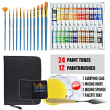 Load image into Gallery viewer, Upgraded Acrylic Paint Set - High-End Arts &amp; Crafts Painting Supplies for Kids &amp; Adults - 24 Stunning Pigments, 10 Professional Brushes &amp; Carrying Case + Extra Bonus: Palette Tray, Knife with Sponge.
