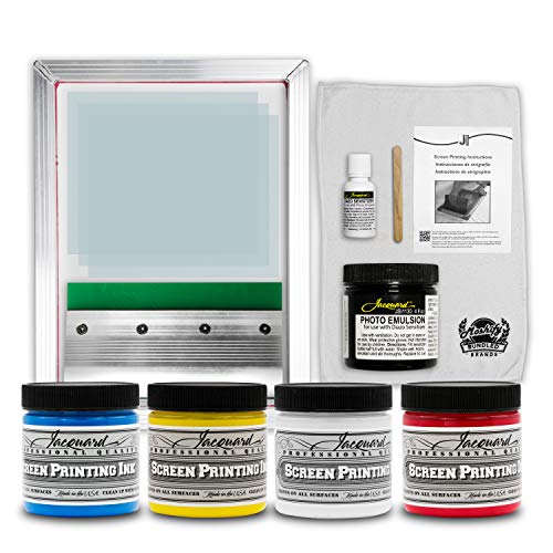Jacquard Screen Printing Kit - Includes 4 Colors of Premium Screen Ink - Photo Emulsion - Diazo Sensitizer - Strong Alluminum Frame and Squeegee - Bundled with Moshify Print Test Cloth