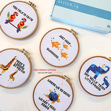 Load image into Gallery viewer, Stitch.ly Cross Stitch Kits Beginner. 5 Cross Stitch Patterns. Anxiety Relief. Designed in Ireland. 3 Embroidery Hoops. Instruction Guide Included
