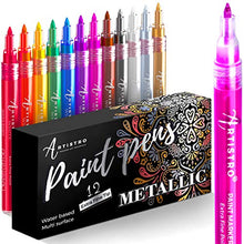 Load image into Gallery viewer, Metallic Paint Pens for Rock Painting, Stone, Pebbles, Ceramic, Glass, Wood, Fabric, Scrapbook Journals, Photo Albums, Card Stocks. Set of 12 Acrylic Paint Markers Extra-Fine Tip 0.7mm
