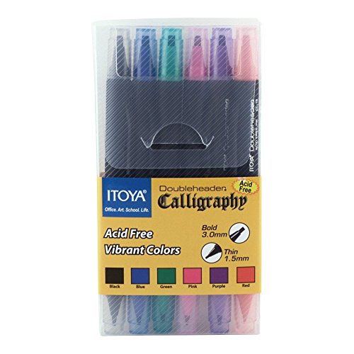 ProFolio by Itoya, Double Header Calligraphy Marker, 1.5mm and 3mm Chisel Tips - Assorted Colors, Set of 6