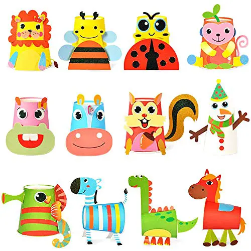 Here Fashion Pack of 12 Sticker Paper Cup Art Kit for Toddler Crafts Art Toys - Transform Simple Paper Cup into a Wonderful Friendly Animals Adventure