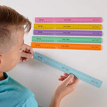 Load image into Gallery viewer, hand2mind Safe-T Ruler for Kids Math, Rainbow Plastic Rulers, Flat 12 in. Flexible Rulers, Safety Ruler for Measurement, Safety Kids School Supplies, Straight Shatter-Resistant Rulers (Pack of 24)
