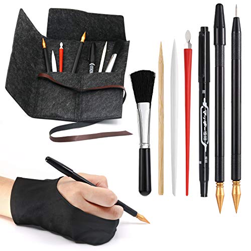 9 Pcs Scratch Art Tools, Scratching Drawing Tools Set for Adults & Kids Painting Paper : Artist Glove, Tools Bag, Scratch Coloring Pens, Plastic and Wooden Stylus, Scraper, Repair Pen, Clean Brush