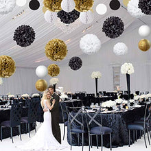 Load image into Gallery viewer, EpiqueOne 22-Piece Party Decoration Kit – Hanging Paper Lanterns, Honeycomb Balls and Tissue Paper Pom Poms for Special Occasions – Easy to Assemble – Colors: Black, Gold and White
