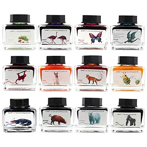 ZZKOKO Calligraphy Set India Ink, 12 Colors Shimmer Dip Pen Ink Set, Art Writing Drawing Ink Bottles, 6.0 oz, Set of 12, Gift Box (Animal Series)