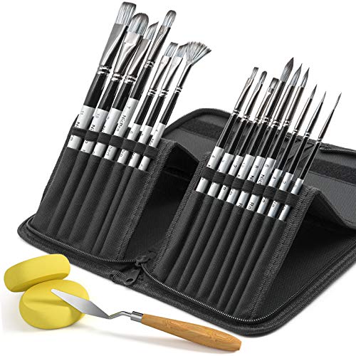 Nicpro 16 pcs Artist Paint Brush Set for Acrylic Oil Watercolor Gouache Craft Ceramic Model Painting Includes Pop-up Carrying Case with Palette Knife and Sponges