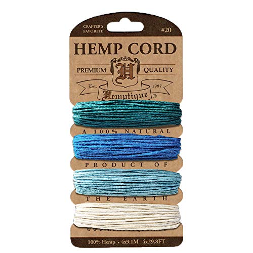 Hemptique Hemp Cord 4 Color Cards - Made with Love - Crafter’s No. 1 Choice – Eco Friendly – Plant Hanger - Scrapbooking – Gardening – Macramé – Home Décor (Aqua Pack)
