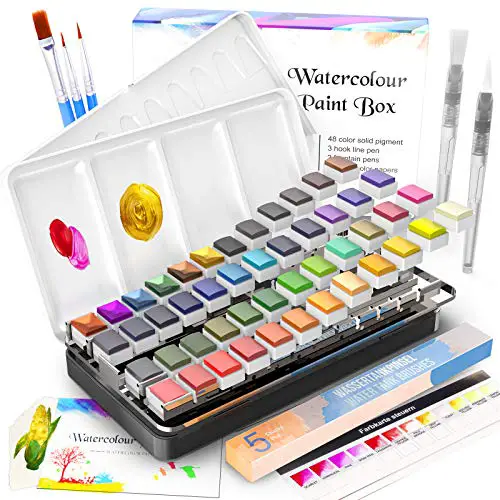 Watercolor Paint Set, Emooqi 42 Premium Colors + 6 Metallic Colors Pigment+ 2 Hook Line Pen+ 3 Water Brushes +10 Sheets of Water Color Paper, Richly Pigmented Portable Painting Art Painting