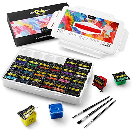 Magicfly Gouache Paint Set, 24 Colors x 30ml(1 oz) Unique Jelly Cup Design with 3 Paint Brushes and a Handhold Portable Carrying Case, Watercolor Gouache Painting Set for Artist, Student, Kids
