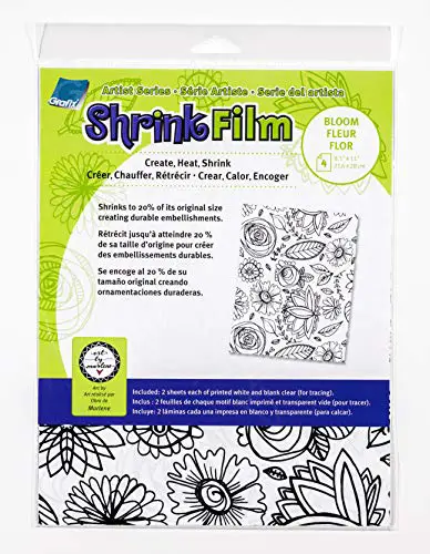 Grafix Artist Series Film – Bloom Design by Art By Marlene 8.5 x 11”, Pack of 4, 2 Pre-Printed White 2 Clear, Translucent Shrink Sheets, Even Easier to Create and Decorate, 8.5