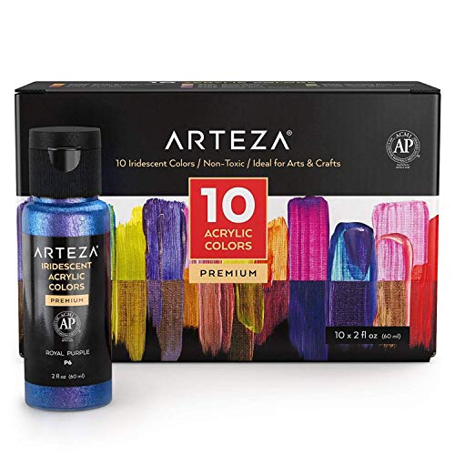 Arteza Iridescent Acrylic Paint, Set of 10 Chameleon Colors, 2-oz/60ml Bottles, High Viscosity Shimmer Paint, Water-Based, Blendable Paints, Art Supplies for Canvas, Wood, Rocks, Fabrics