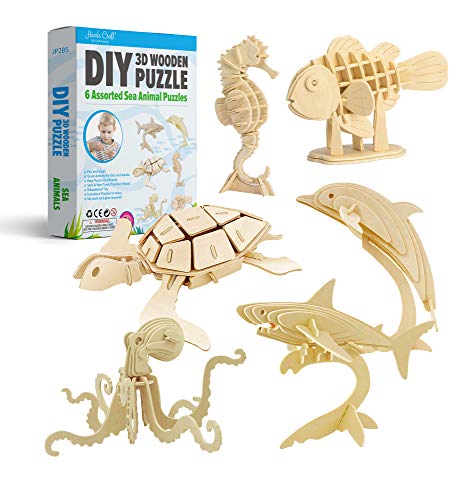 Hands Craft DIY 3D Wooden Puzzle Bundle Set, Pack of 6 Sea Animals Brain Teaser Puzzles | Educational STEM Toy | Safe and Non-Toxic Easy Punch Out Premium Wood | (JP2B5)