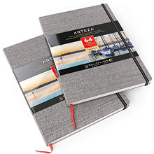 Load image into Gallery viewer, Arteza 8.3x11.7 Inch Watercolor Book, Pack of 2, 64 Pages per Pad, 110lb/230 GSM, Linen Bound with Bookmark Ribbon and Elastic Strap, Art Supplies for Watercolor Techniques and Mixed Media
