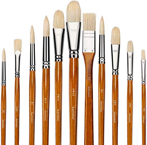 Fuumuui 11pcs Professional Paint Brush Set, 100% Natural Chungking Hog Bristle Artist Brushes for Acrylic and Oils Painting with a Free Carrying Box
