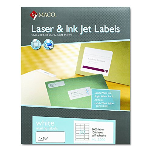 Maco Laser/Ink Jet White Address Labels, 1 x 2-5/8 Inches, 100 Sheets, 3000 Per Box (ML-3000)