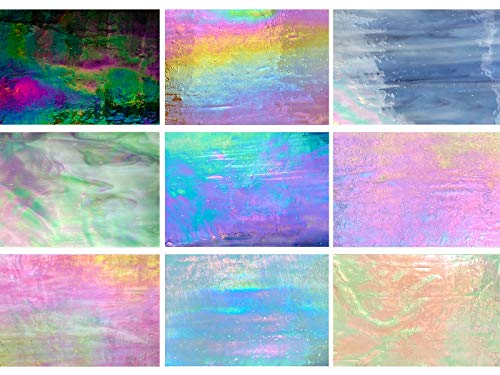PALJOLLY 9 Sheets Stained Glass Sheet, 4 x 6 inch Iridescent Glass Sheets Mosaic Glass Assorted Rainbow Iridescent Colors for Glass Hobby Projects and Mosaics