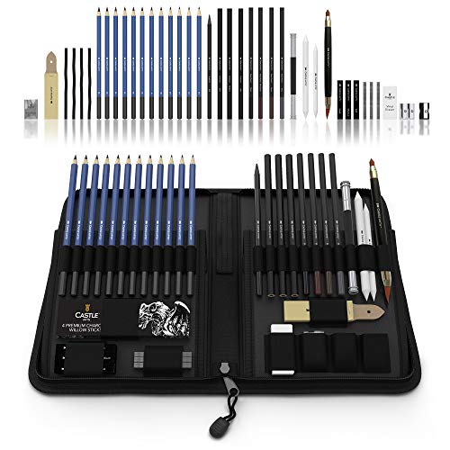 Castle Art Supplies Graphite Drawing Pencils and Sketch Set (40-Piece Kit), Complete Artist Kit Includes Charcoals, Pastels and Zippered Carry Case, Includes Rare Pop-Up Stand
