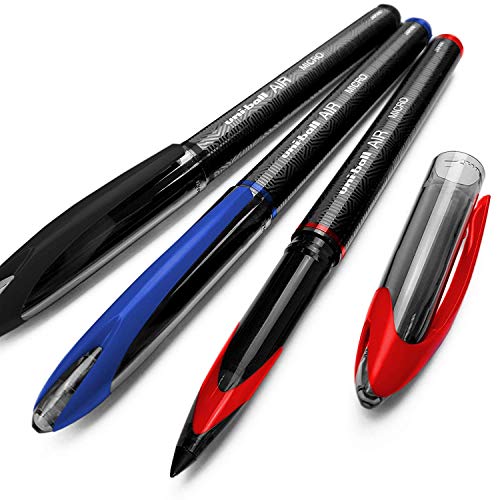 Uni-Ball AIR Micro - 0.5mm Fine Rollerball - Pack of 3 - Black, Blue, and Red - UBA-188-M